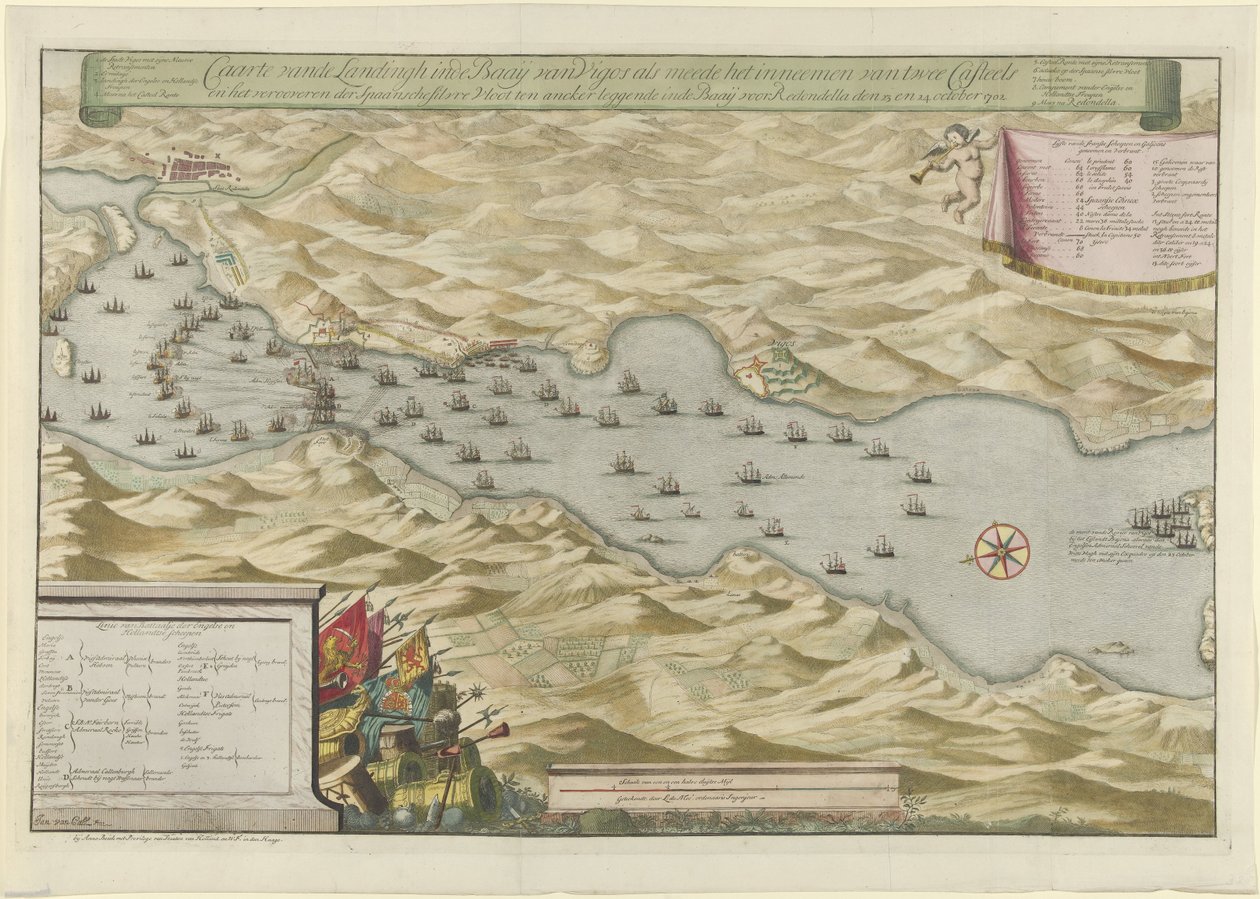 Vigo'daki Körfez Savaşı ve İspanyol Gümüş Filosunun Ele Geçirilmesi, 1702 Caarte vande Landingh, iki Casteel'in ele geçirilmesinin bir parçası olarak Vigos Körfezi'nde ve Redondella den açıklarında Baay'a demirleyen İspanyol Gümüş Filosu by Jan van Call (I)