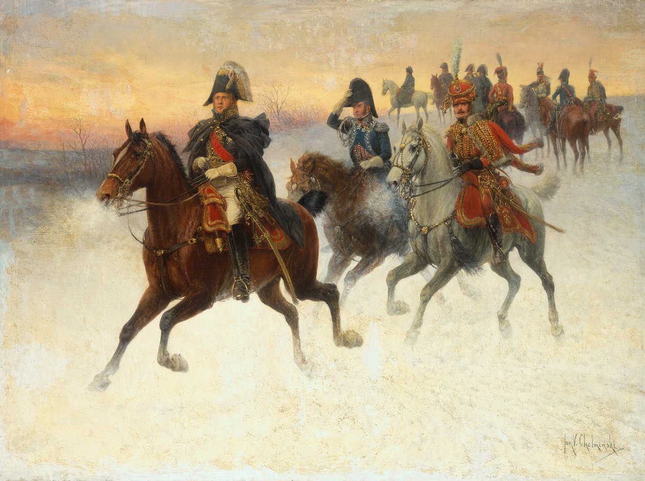 Rus seferi sırasında Mareşal Ney ve Napolyon ve Askerleri (tuval üzerine yağlı boya) by Jan van Chelminski