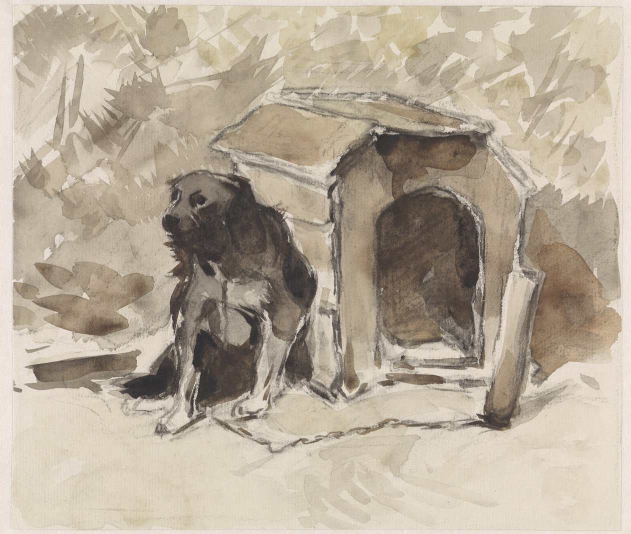 Köpek kulübesinin önünde bir tasma üzerinde oturan köpek by Jan van Essen