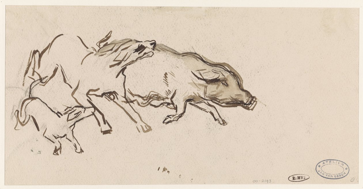 Bir domuzu kovalayan iki köpek by Jan van Essen