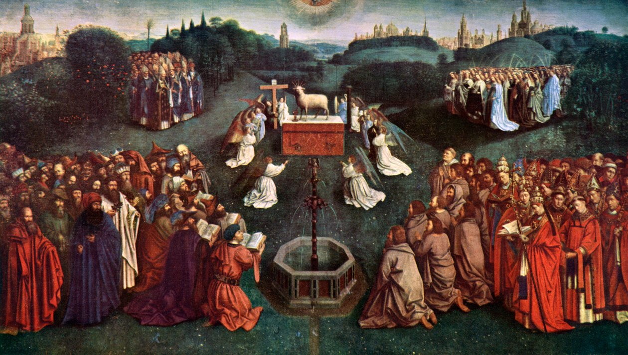 'Mistik Kuzu'nun Hayranlığı', The Ghent Altarpiece, 1432, c1900-1920. by Jan van Eyck
