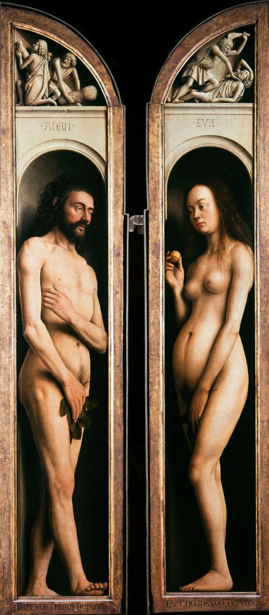 Ghent Altarpiece. Mistik Kuzuya Tapınma: Adem ve Havva, 1432. by Jan van Eyck