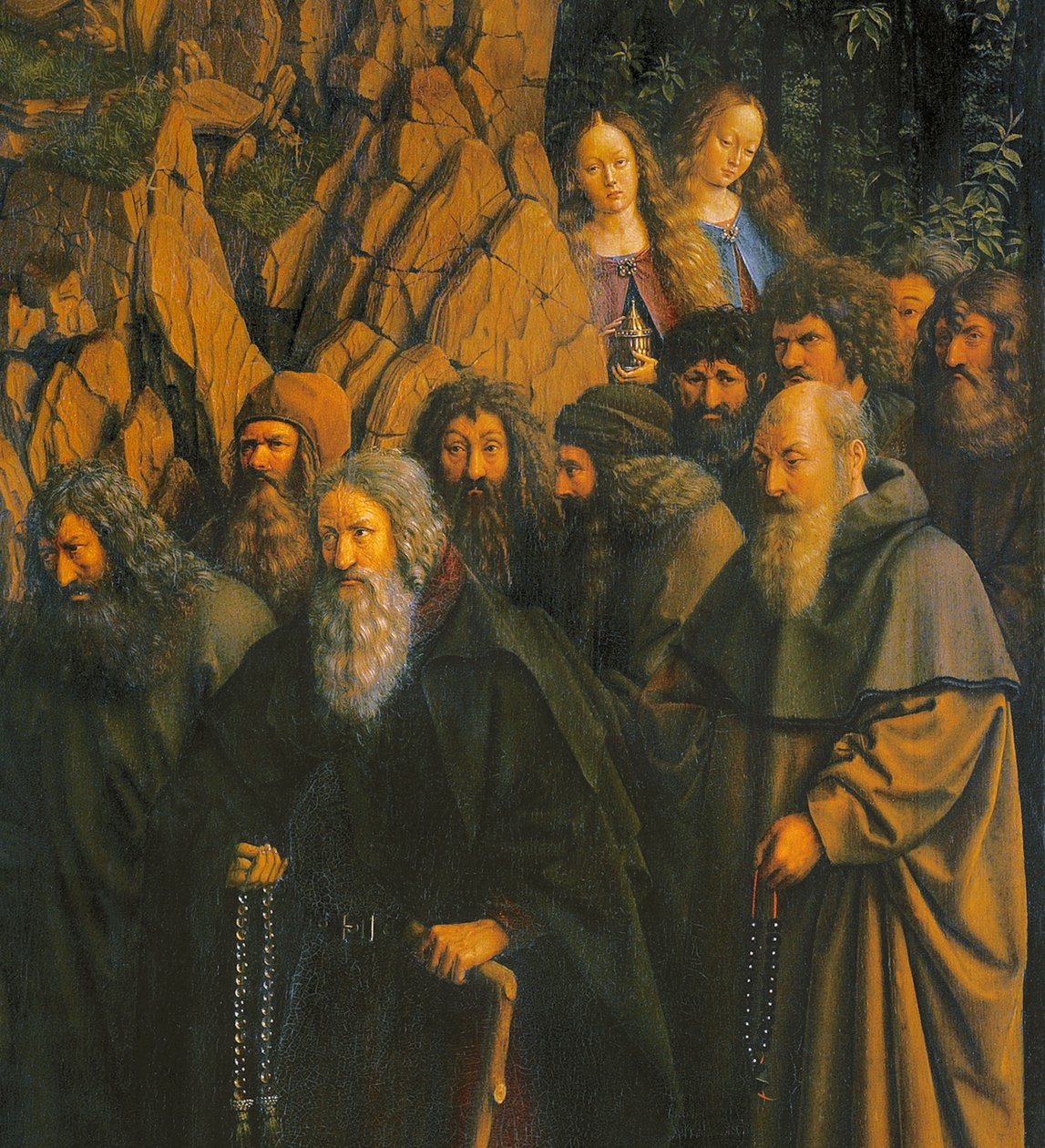 Ghent Altarpiece'in sağ tarafından Aziz Christopher tarafından yönlendirilen Hermits by Jan van Eyck