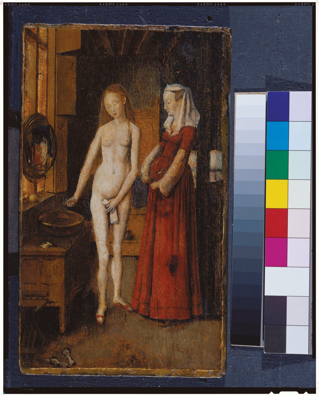 Kadın tuvaletinde (meşe panelde yağ) by Jan van Eyck