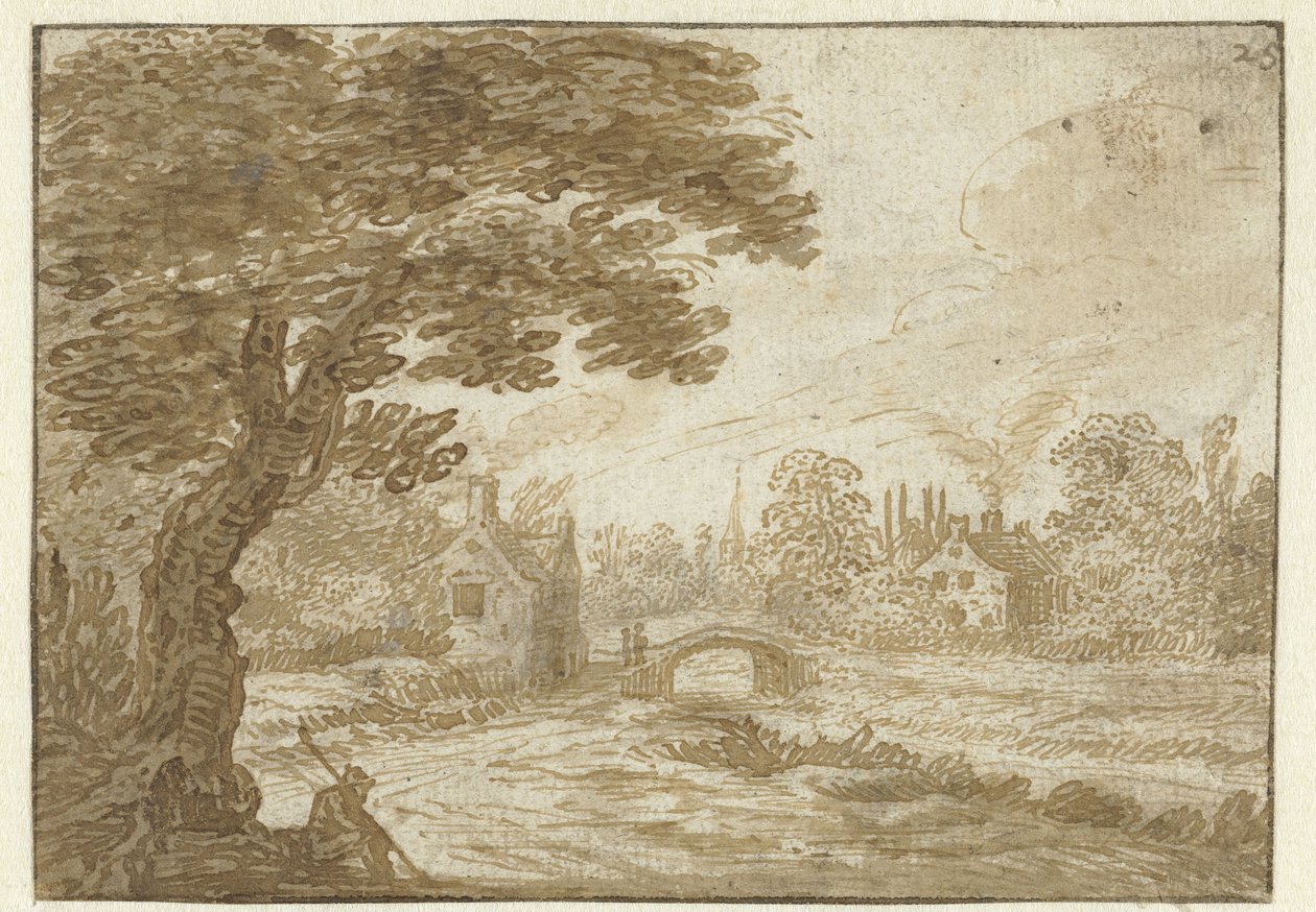 Evler ve bir köprü ile manzara by Jan van Goyen (possibly)