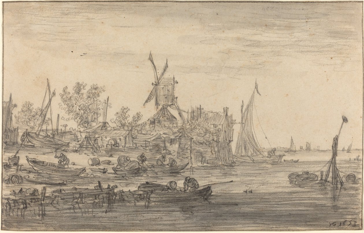 Yel değirmeni ile ön kıyı sahnesi by Jan van Goyen