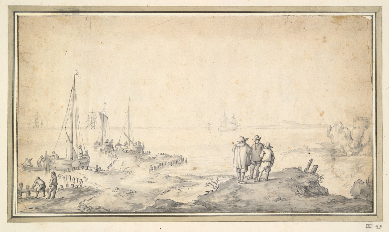 Gemilerle Körfeze Bakan Bir Kumul Üzerinde Üç Figür by Jan van Goyen