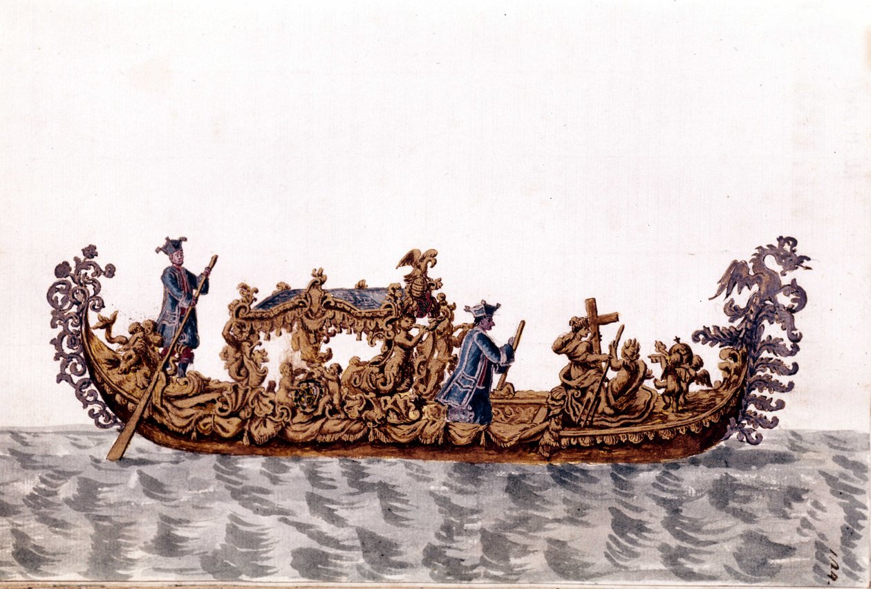 Kraliyet gondol. Jan van Grevenbroek (veya Giovanni Grevenbroich (Grevenbroich) (1731-1807) tarafından yazılan "Veniyalıların Gümrükleri" adlı el yazmasından suluboya çizimi ve mürekkep by Jan van Grevenbroeck