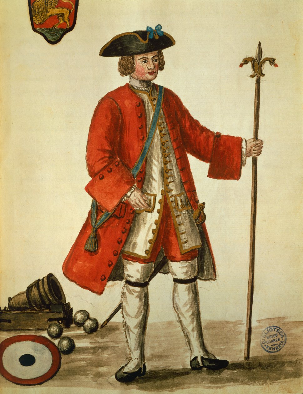 Giovanni di Grevembroch (1731-1807) tarafından Venediklilerin kostümlerinden alınan üniformalı Venedik donanmasından bir topçu Suluboya by Jan van Grevenbroeck