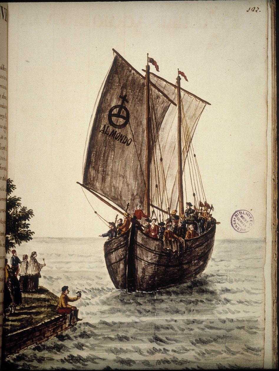 Hacıların teknesi. Jan van Grevenbroek (veya Giovanni Grevenbroich (Grevenbroich) (1731-1807) tarafından yazılan "Veniyalıların Gümrükleri" adlı el yazmasından suluboya çizimi ve mürekkep by Jan van Grevenbroeck