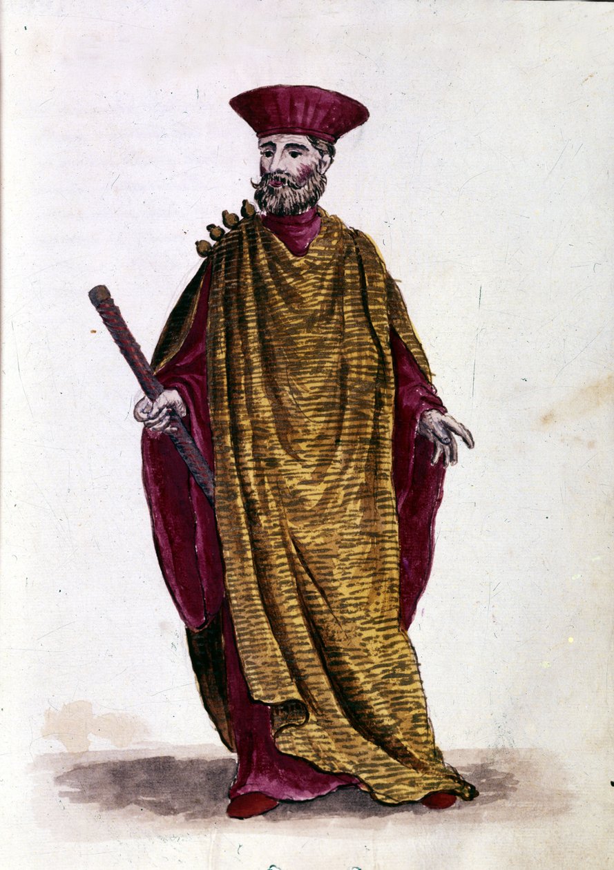 Deniz Kaptanı: Venedik Cumhuriyeti Askeri Donanması Subayı. Jan van Grevenbroeck (veya Giovanni Grevembroch (Grevenbroch) (1731-1807) tarafından yazılan “Veniyalıların Gümrükleri” adlı el yazmasından suluboya çizimi ve mürekkep by Jan van Grevenbroeck