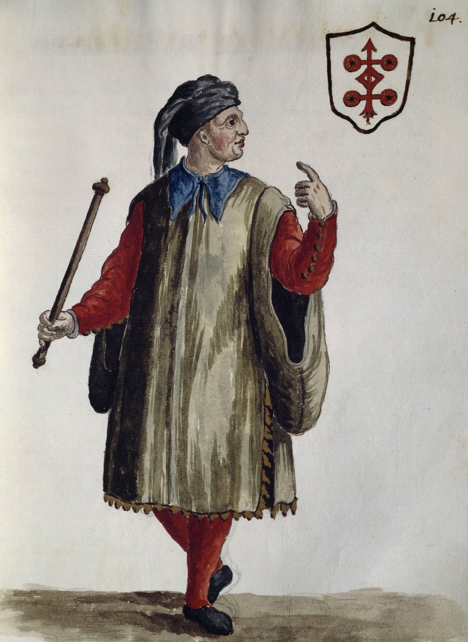 Jan van Grevenbroek veya Giovanni Grevenbroich (1731-1807), İtalya tarafından 18. yüzyılda özenle toplanmış ve boyanmış hemen hemen her yaştan Venedik giysilerinden suluboya Carrarese elbise by Jan van Grevenbroeck