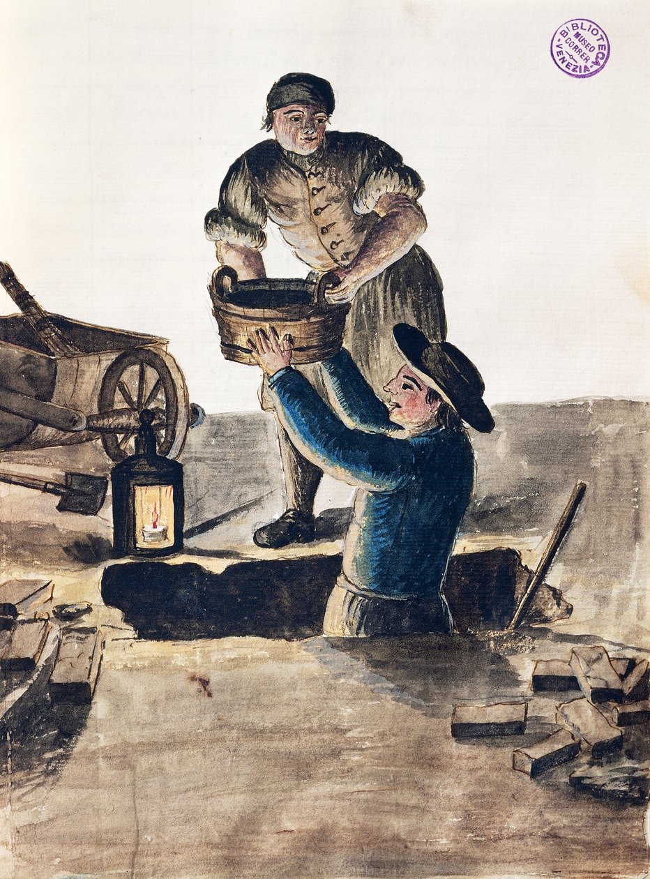 Kamusal kanalizasyonun temizlenmesi, Resimli Venedik kostümleri kitabından bir örnek, Jan Grevenbroeck (1731-1807), suluboya, İtalya by Jan van Grevenbroeck