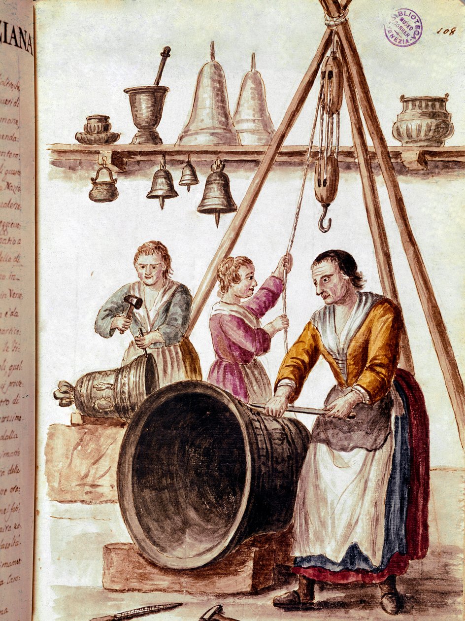 El sanatları: çan yapımcısı Jan van Grevenbroeck (veya Giovanni Grevembroch (Grevenbroch) (1731-1807) tarafından yazılmış bir el yazmasından suluboya çizimi ve mürekkep by Jan van Grevenbroeck