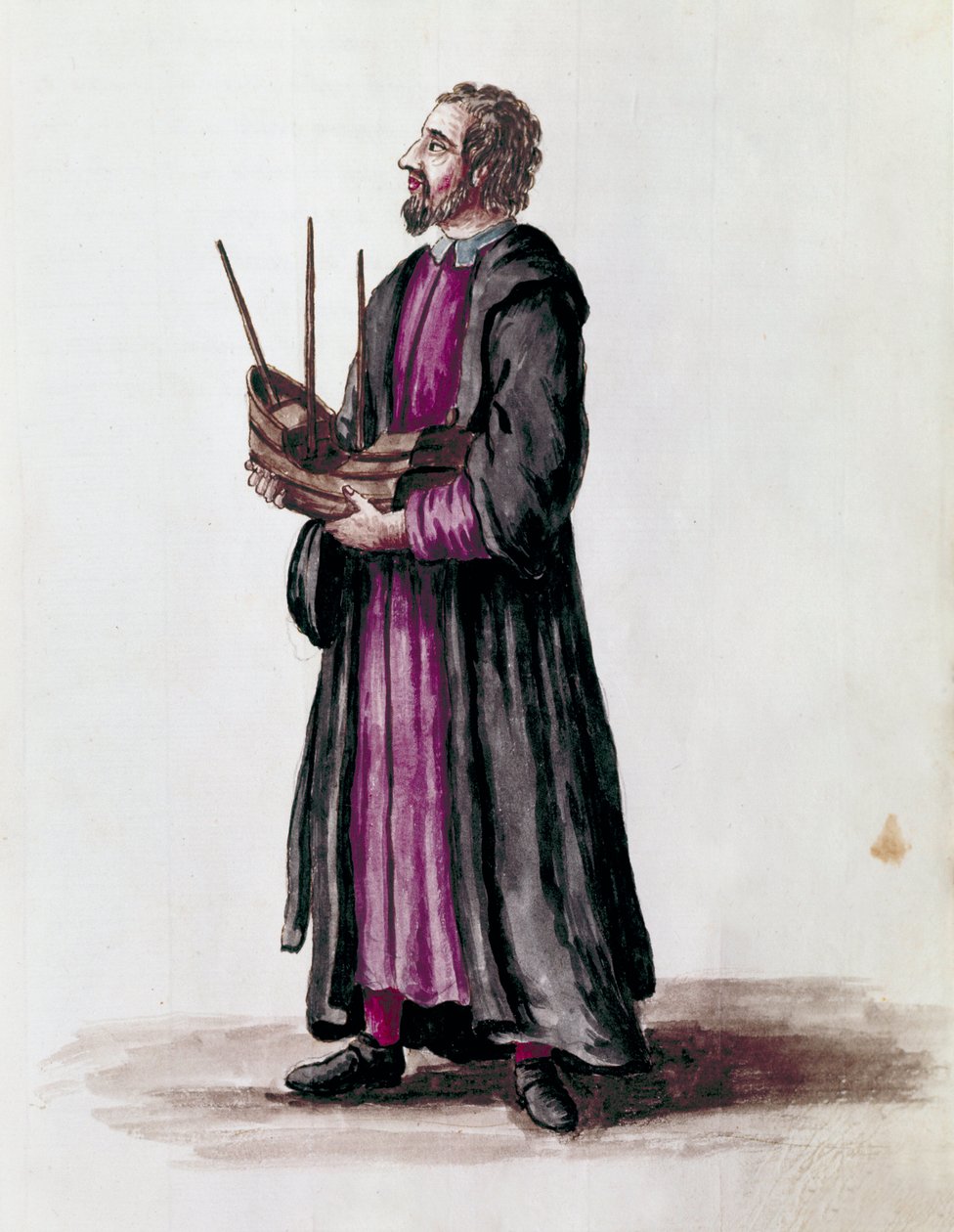 Bir deniz mimarı temsili, inşa ettiği geminin minyatür modelini elinde tutuyordu Detay. Jan van Grevenbroeck (veya Giovanni Grevembroch (Grevenbroch) (1731-1807) tarafından yazılan “Veniyalıların Gümrükleri” adlı el yazmasından suluboya çizimi ve mürekkep by Jan van Grevenbroeck