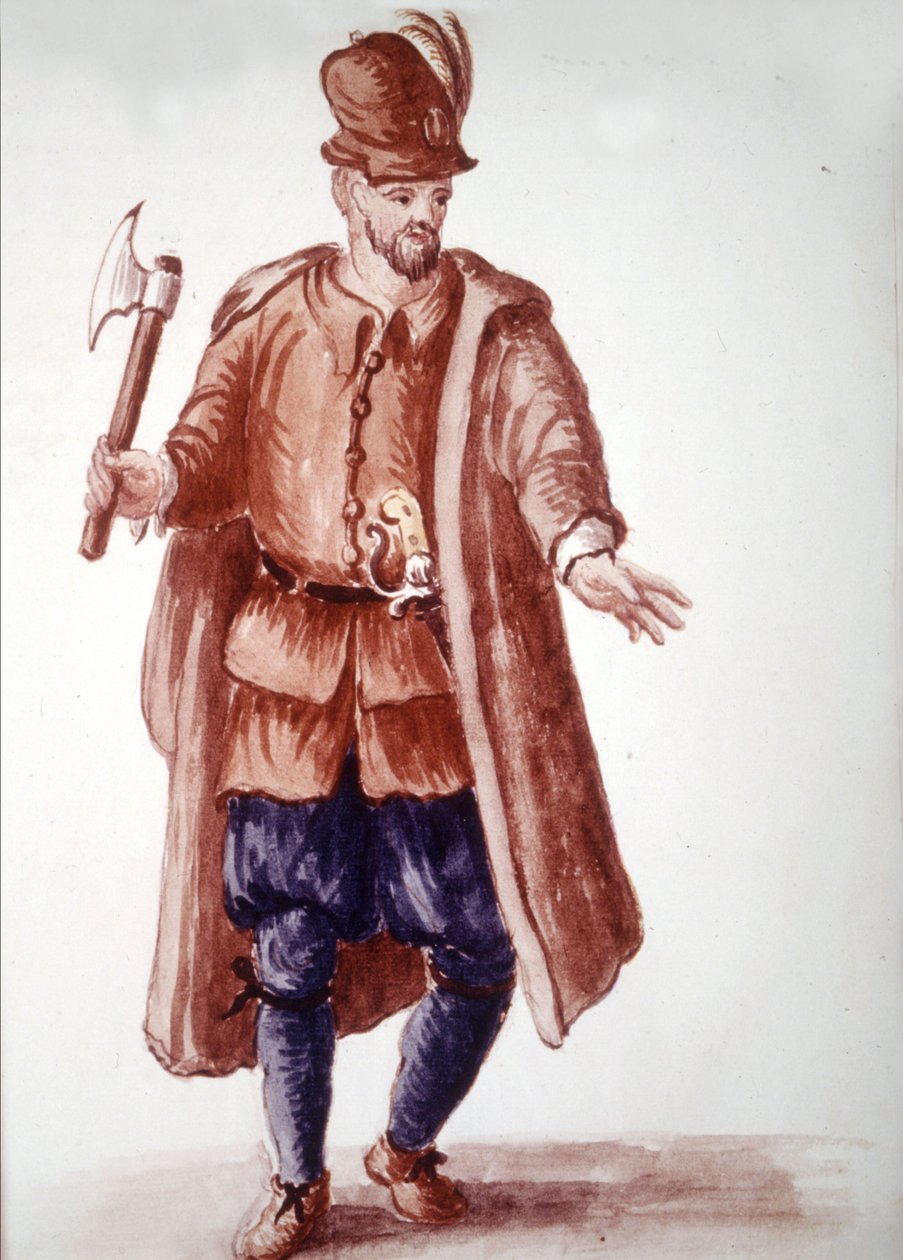 Scapolo di galéa: 18. yüzyılda kadırgalarda ücretli kürekçi. Jan van Grevenbroeck (veya Giovanni Grevembroch (Grevenbroch) (1731-1807) tarafından yazılan “Veniyalıların Gümrükleri” adlı el yazmasından suluboya çizimi ve mürekkep by Jan van Grevenbroeck