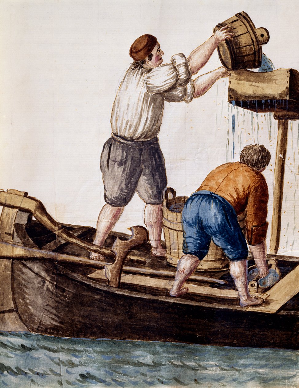 Kayıp nesneleri aramak için kanal sularını elemek, Resimli Venedik kostümleri kitabından illüstrasyon, Jan Grevenbroek (1731-1807), suluboya, İtalya by Jan van Grevenbroeck
