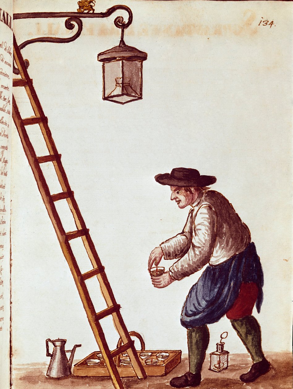 Küçük metier: aydınlatma lambaları Jan van Grevenbroeck (veya Giovanni Grevembroch (Grevenbroch) (1731-1807) tarafından yazılmış bir el yazmasından suluboya çizimi ve mürekkep by Jan van Grevenbroeck