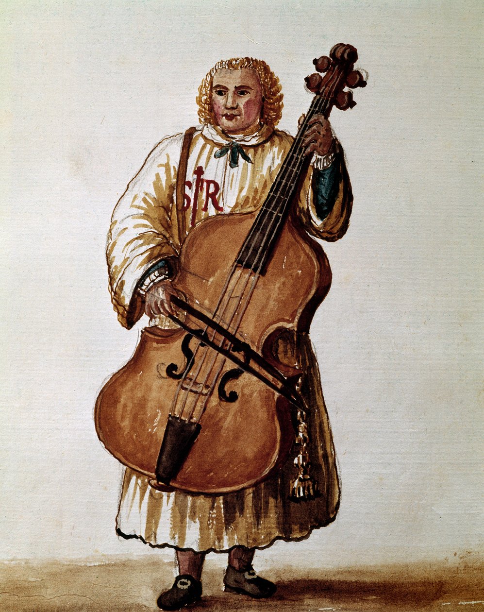 Sokak müzisyeni (Gezici müzisyen) Jan van Grevenbroeck (veya Giovanni Grevembroch (Grevenbroch) (1731-1807) tarafından yazılan “Venüslerin Gümrükleri” adlı el yazmasından suluboya çizim ve mürekkep by Jan van Grevenbroeck
