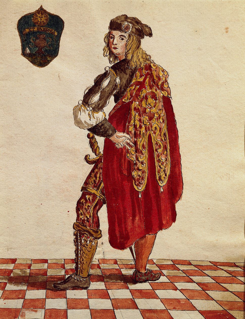 1564 yılında Confraternity de la Calza (Çorap) şövalyesi takımı, Jan van Grevenbroeck veya Giovanni Grevembroch (1731-1807), Gli Abiti de Veneziani, resimli kostüm kitabından, suluboya by Jan van Grevenbroeck