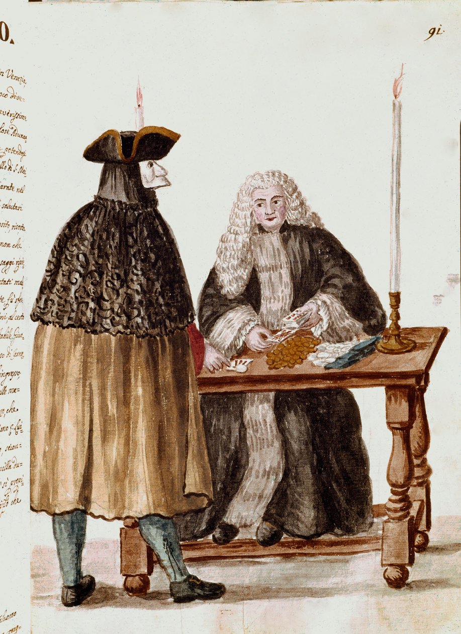 Oyun odası: krupiyenin önünde kartları çeken bir karakter maskeleri, masada madeni paralar toplanır Suluboya çizimi ve Jan van Grevenbroeck (veya Giovanni Grevembroch (Grevenbroch) (1731-1807) tarafından yazılmış bir el yazmasından çizilmiş mürekkep) by Jan van Grevenbroeck