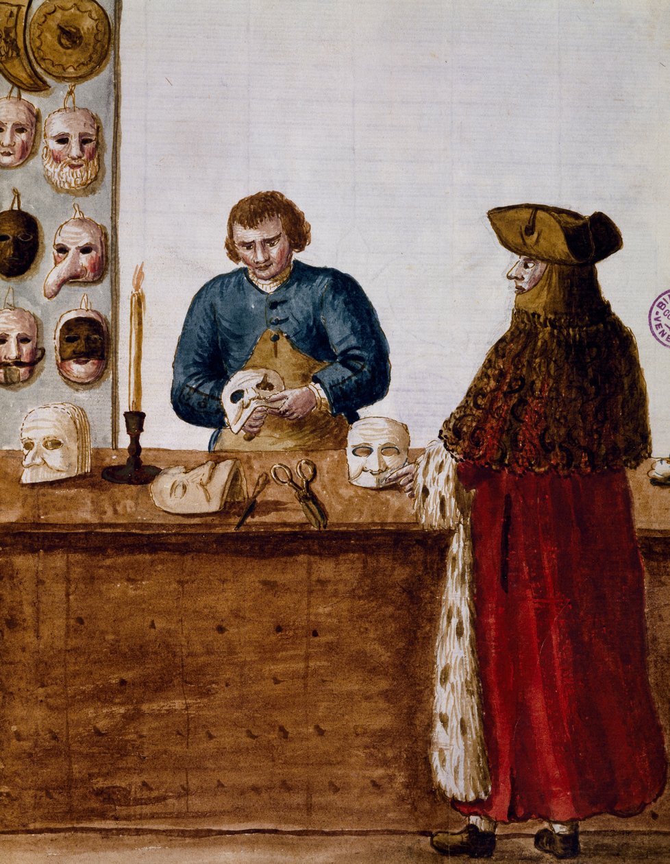 Maske dükkanı, Illustrated Venedik kostümleri kitabından illüstrasyon, İtalya by Jan van Grevenbroeck