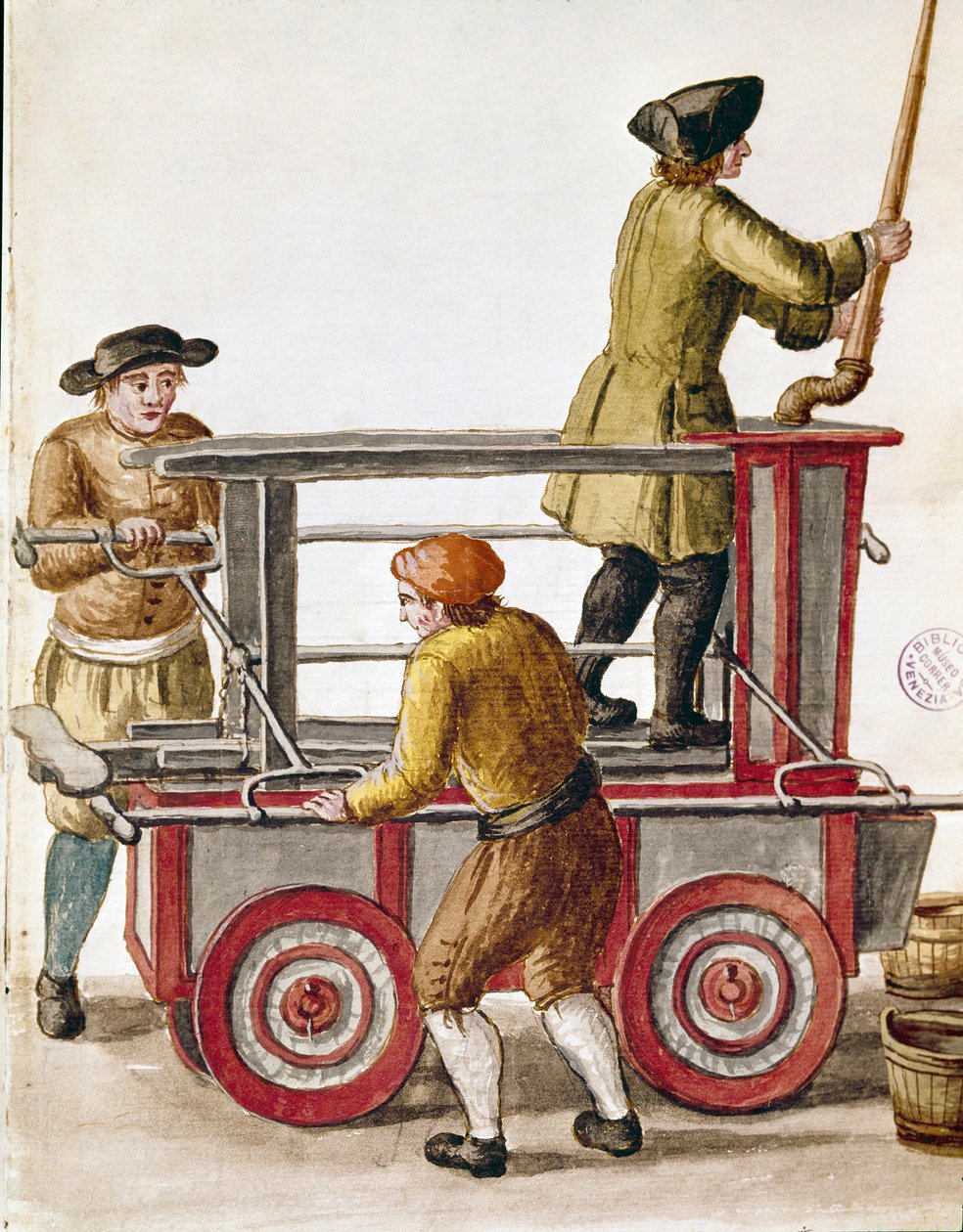 Su pompası veya hidrolik pompa kullanımı Jan van Grevenbroeck (veya Giovanni Grevembroch (Grevenbroch) (1731-1807) tarafından yazılmış bir el yazmasından suluboya çizimi ve mürekkep by Jan van Grevenbroeck