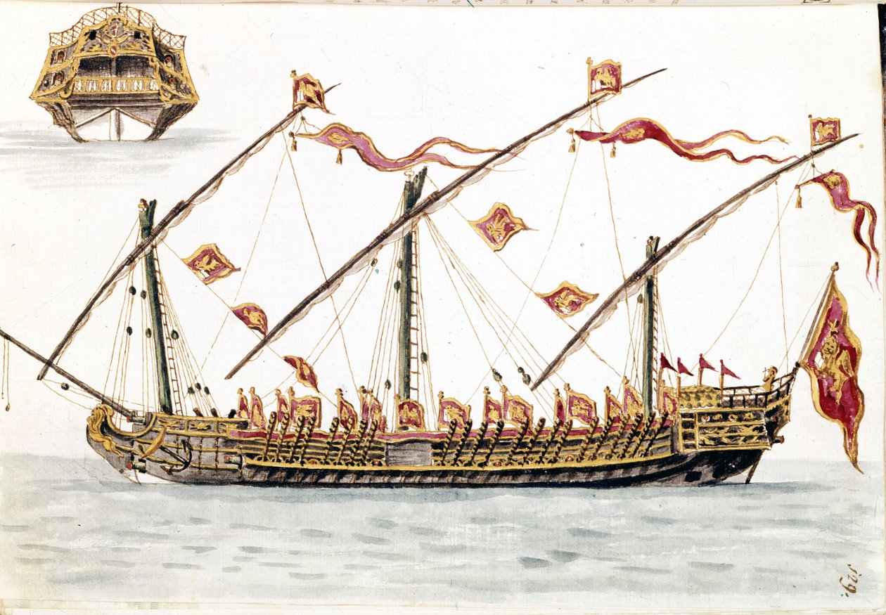 Venedik galesi. Jan van Grevenbroeck (veya Giovanni Grevembroch (Grevenbroch) (1731-1807) tarafından yazılan “Veniyalıların Gümrükleri” adlı el yazmasından suluboya çizimi ve mürekkep by Jan van Grevenbroeck