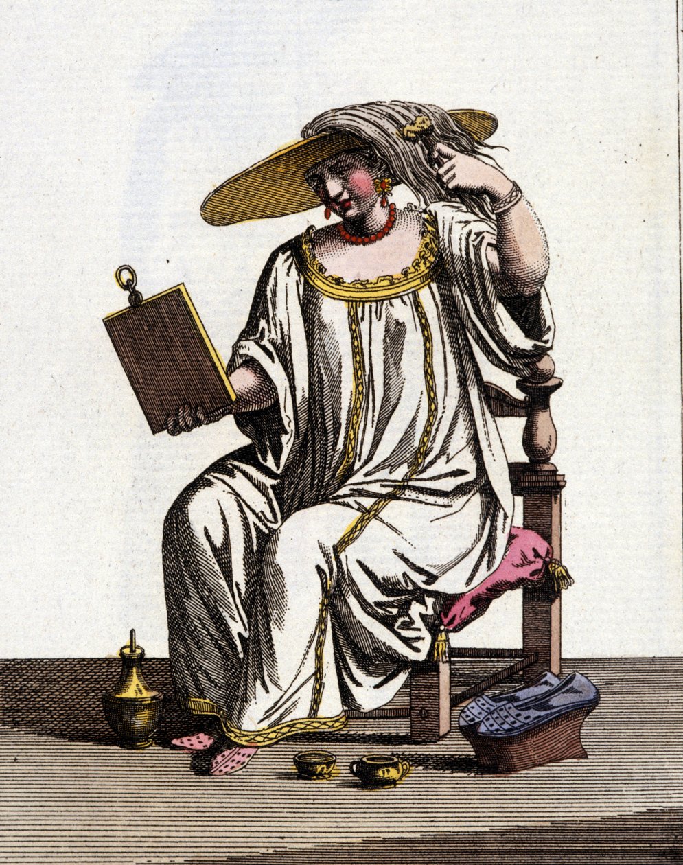 17. - 18. yüzyılda Venedikli kadınların saçlarını güneşte açma yöntemi. Jan van Grevenbroeck (veya Giovanni Grevembroch (Grevenbroch) (1731-1807) tarafından yazılan “Veniyalıların Gümrükleri” adlı el yazmasından suluboya çizimi ve mürekkep by Jan van Grevenbroeck