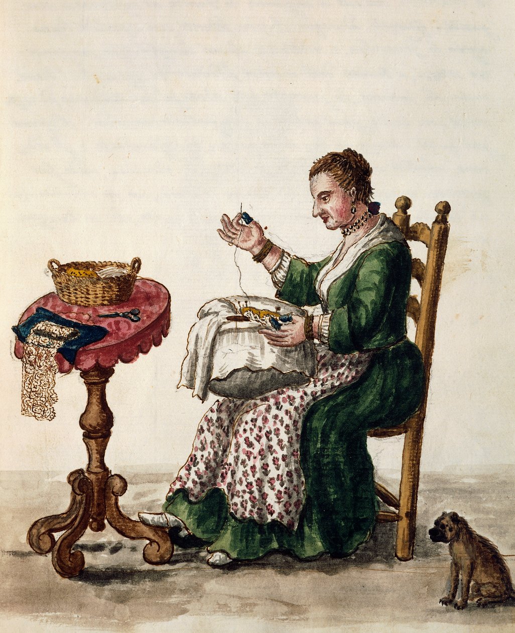 Aria iğne oyasında punto yapan kadın, yaklaşık 1754, Resimli Venedik kostümleri kitabından illüstrasyon, Cilt III, c 147, Jan Grevenbroek (1731-1807), suluboya, İtalya by Jan van Grevenbroeck