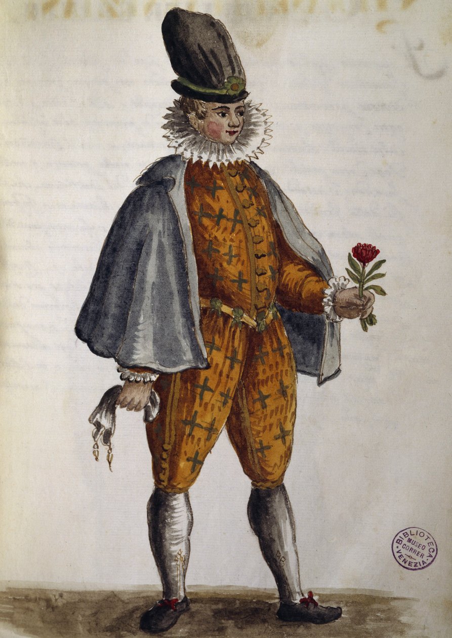 Genç Venedik, Jan van Grevenbroek veya Giovanni Grevenbroich (1731-1807), İtalya tarafından 18. yüzyılda özenle toplanmış ve boyanmış hemen hemen her yaştan Venedik giysilerinden suluboya by Jan van Grevenbroeck