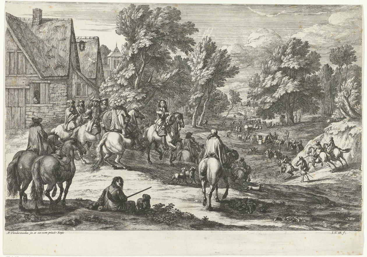 Ön planda atlıların olduğu bir köyün görünümü by Jan van Huchtenburg