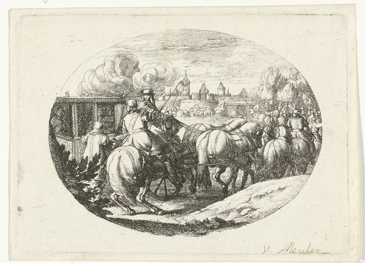 Ordu ve arabalar şehre hareket Fransa Kralı Louis XIV