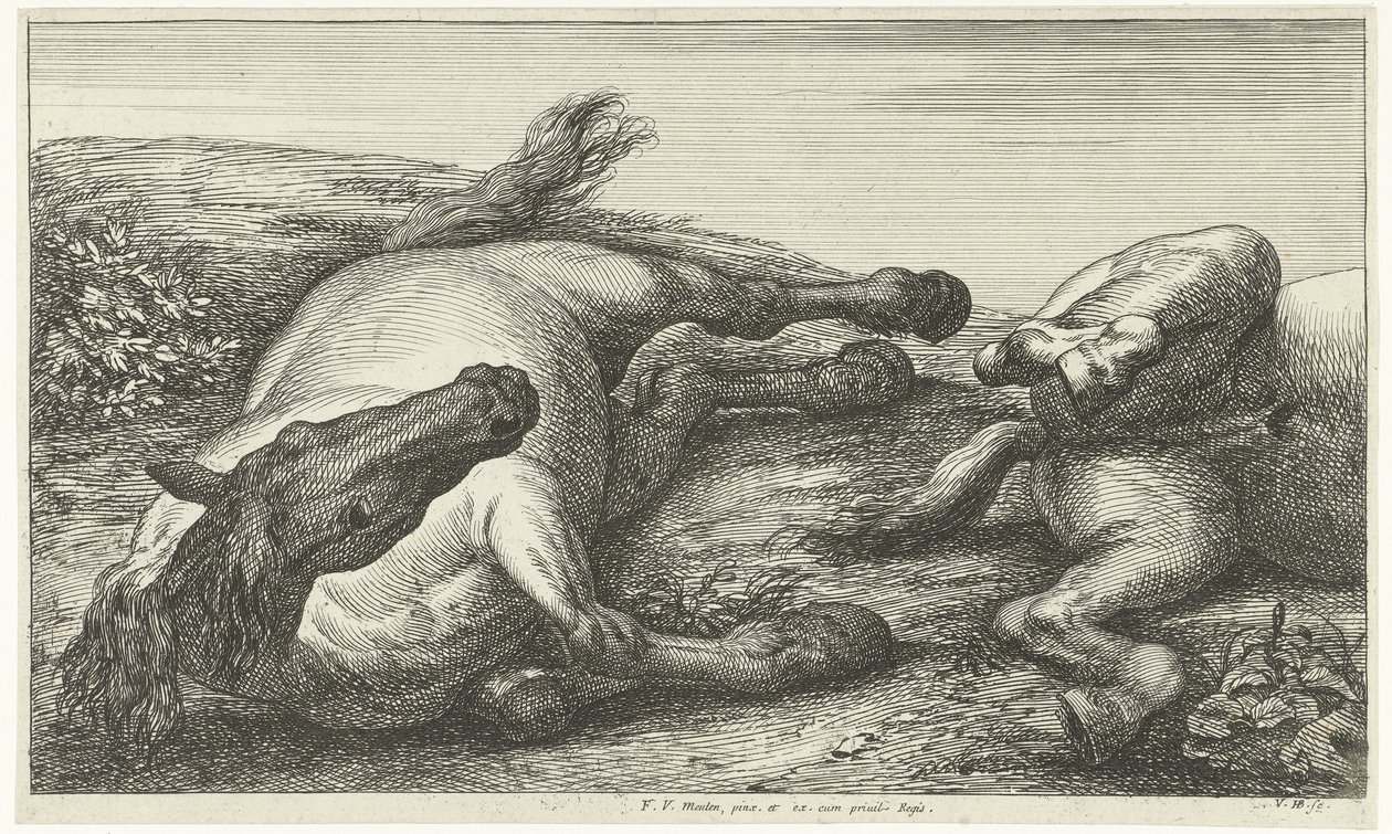 Önden görülen iki düşmüş at, soldaki Ölü Atlar (dizi adı) by Jan van Huchtenburg