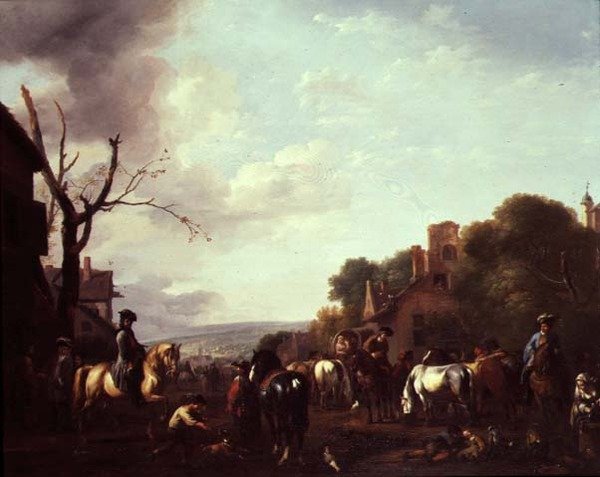 Atlılar ve Gezginler bir köyde durdu by Jan van Huchtenburgh