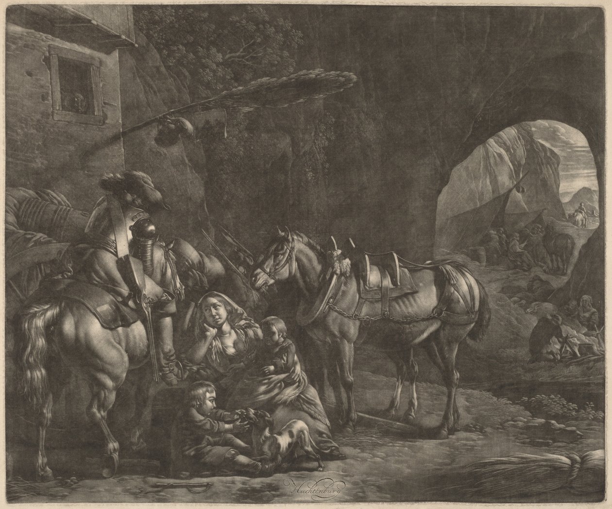 İki Çocuklu Anne ve Bir Hanın Önünde Bir At by Jan van Huchtenburgh