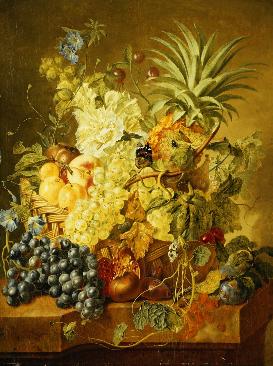 Erik, Şeftali, Üzüm, Kavun, Ananas, İncir, Kuş üzümü, Kiraz ve Sepette Çiçekler ve Üzüm, Nar, Erik ve İncir, Taş Çıkıntıda Kelebekli by Jan van Huysum