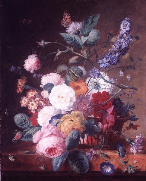 Mermer Çıkıntıda Sepette Güller, Dahlia, Delphinium ve Diğer Çiçekler (tuval üzerine yağlı boya) by Jan van Huysum