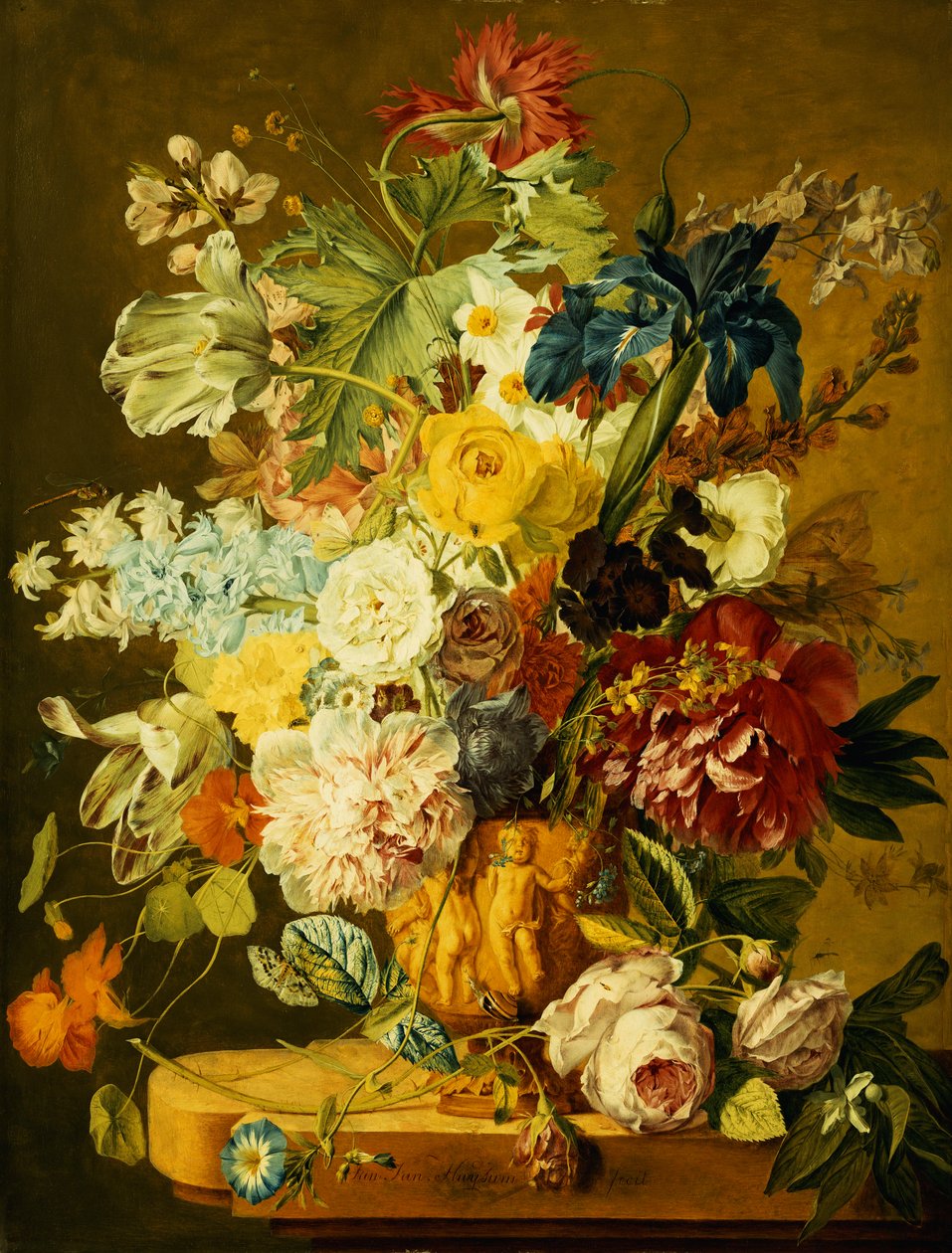 Taş Çıkıntıya Oyulmuş Bir Vazoda Güller, Şakayıklar, Laleler, Sabah Zaferi, İris, Columbine, Gelincik, Jonquils ve Diğer Çiçekler by Jan van Huysum