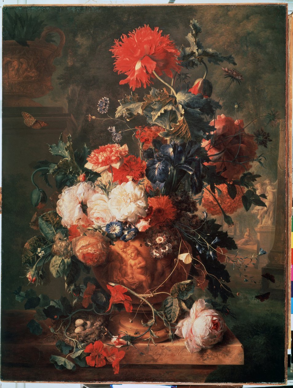 ""Çiçek buketi"" (Çiçekler) Ayrıca yumurta ve böceklerle (kelebek, sinek, karınca ve uğur böceği dahil) bir yuva da temsil edilmektedir. Jan van Huysums (1682-1749) 1722 Hermitage Müzesi Saint Petersburg by Jan van Huysums