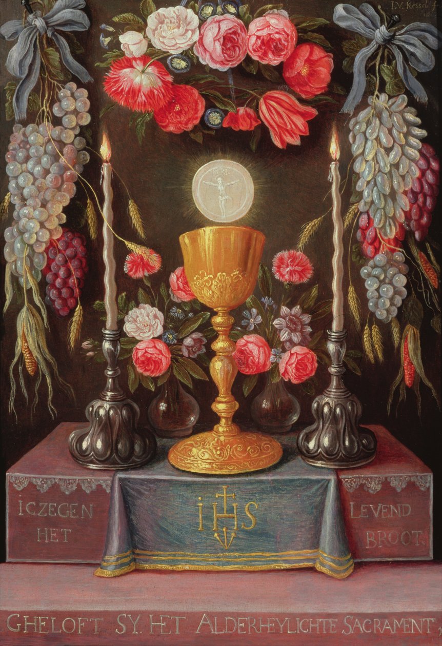 Çiçekler ve meyvelerle süslenmiş bir kartuşta Eucharist