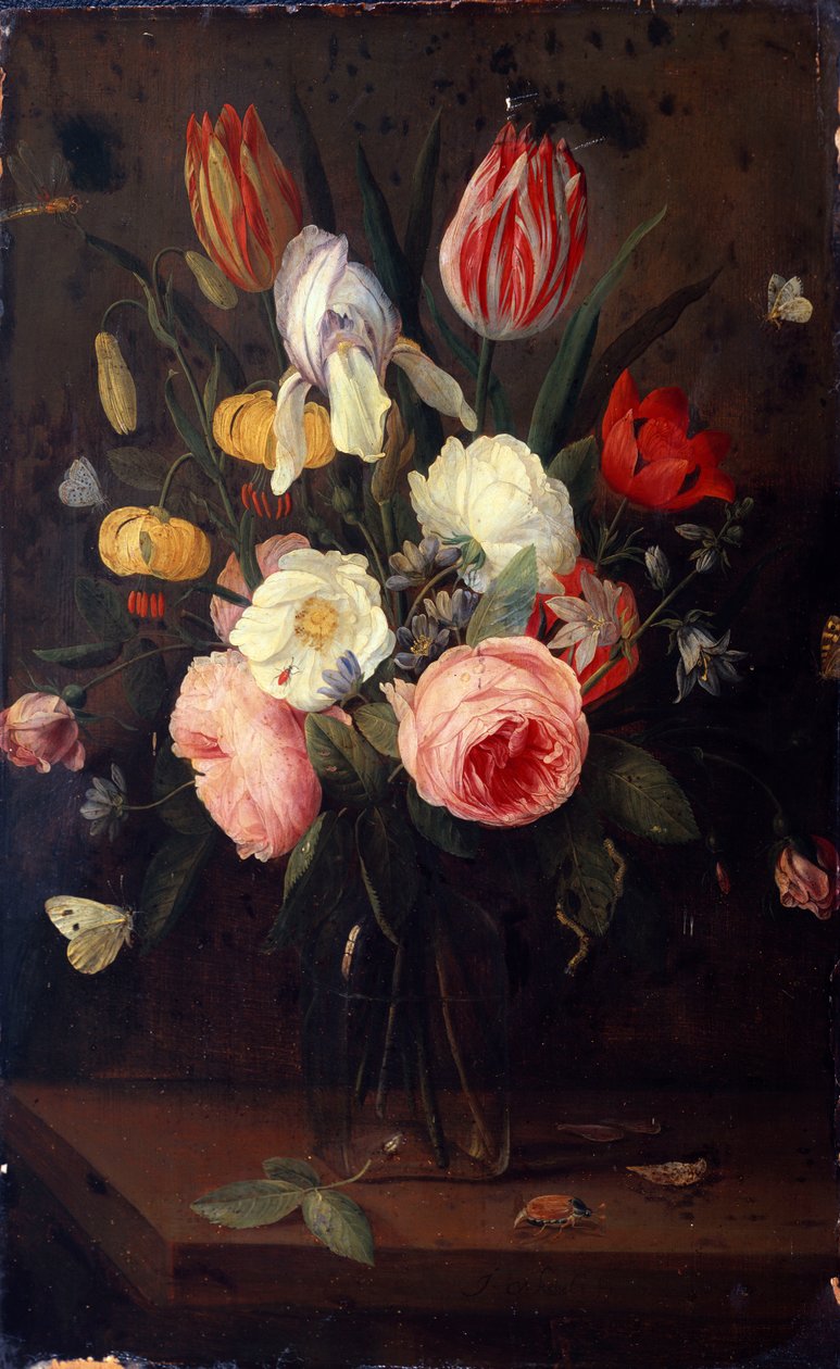Cam Vazoda Güller, Laleler ve Diğer Çiçekler, Böcekli, Masanın Üzerinde by Jan van Kessel