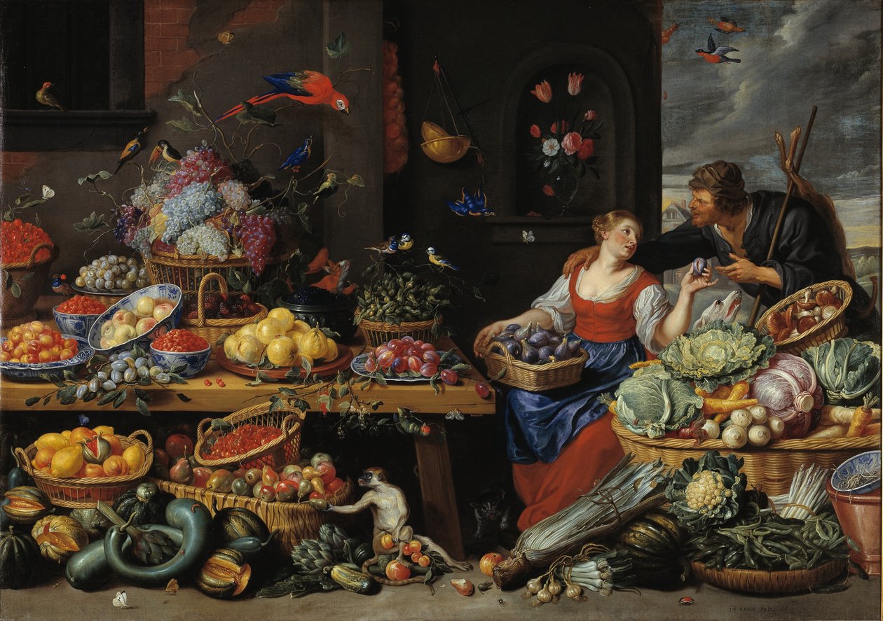 Genç Bir Meyve Satıcısı ile Meyve ve Sebze Pazarı by Jan van Kessel d.Æ.