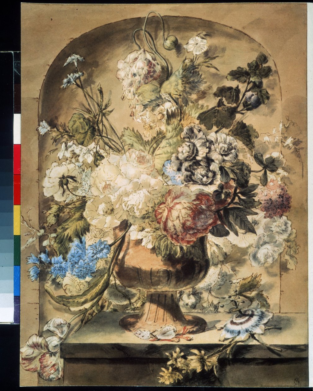 "" Çiçeklerle Natürmort "" Suluboya Jan van Os (1744-1808) 18. Yüzyıl Puşkin Müzesi, Moskova by Jan van Os