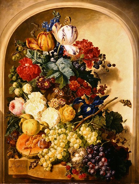 Natürmort: çiçekler ve meyveler (panel üzerine yağlıboya) by Jan van Os