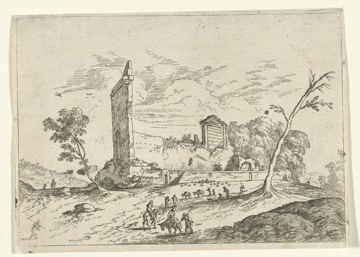 Roma kalıntıları ve eşek çobanları ile manzara by Jan van Ossenbeeck (attributed to)