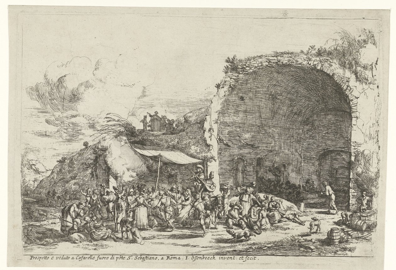 Perisi Egeria mağarasının kalıntılarında şenlikler Prospetto e veduto a Cafarelle fuoro di porte S. Sebastiano, bir Roman (nesne üzerindeki başlık) by Jan van Ossenbeeck