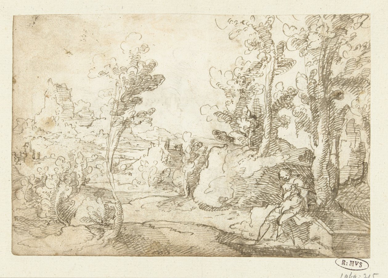 Bir kuyunun yanında oturan bir figürle manzara by Jan van Scorel (attributed to)