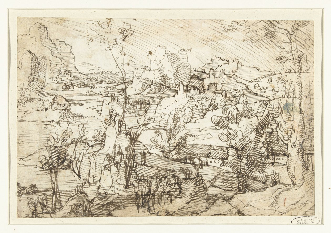 Kayalar, figürler ve bir yelkenli gemi ile manzara by Jan van Scorel (attributed to)