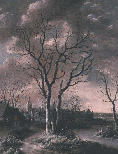 Yolda Gezginlerle Donmuş Bir Nehir Manzarası by Jan van de Capelle or Cappelle